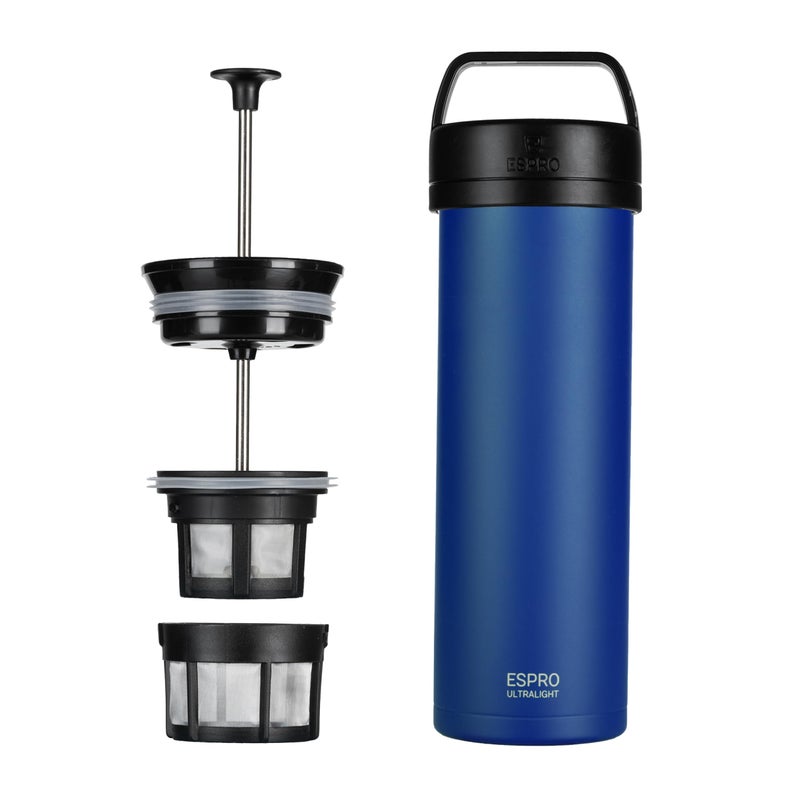 ESPRO P0 Ultralight French Press Coffee Maker for Travel Vacuum Insulated Stainless Steel 16 Ounces Blue