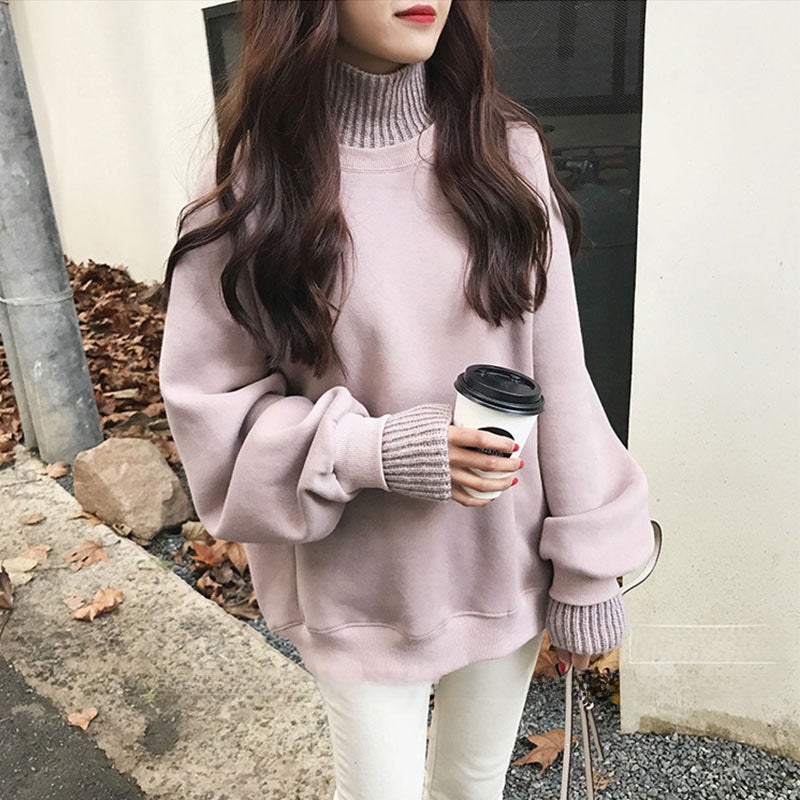 Thick Fleece Hoodie Women Autumn Winter Korean Trendy Loose High Neck Sweater Coat Green  - Image 5