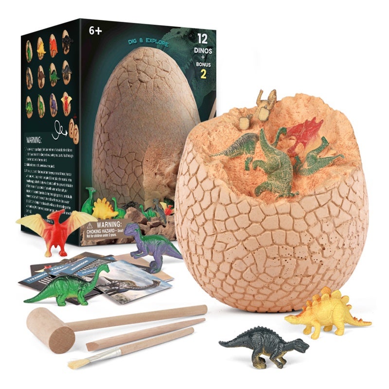 Dinosaur Excavation Kit: Giant Filled Egg With 12 Dinosaur Toys, 2 Random Small Dinosaurs, 12 Educational Cards & 3 Digging Tools - STEM Learning & Patience Building Paleontology Set for Kids Science - Image 1