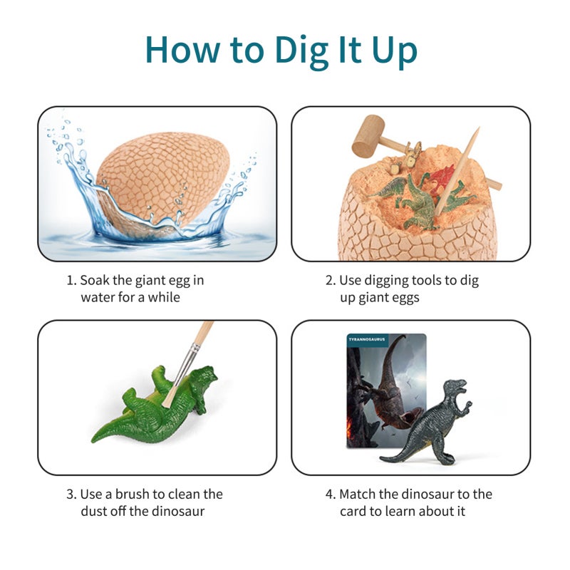 Dinosaur Excavation Kit: Giant Filled Egg With 12 Dinosaur Toys, 2 Random Small Dinosaurs, 12 Educational Cards & 3 Digging Tools - STEM Learning & Patience Building Paleontology Set for Kids Science - Image 2