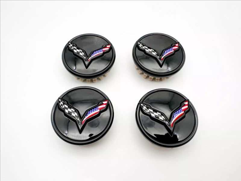 Set of 4Pcs Wheel Center Cap Replacement for 2014+ C7 Corvette Stingray Center Caps w/Crossed Flag Logo 68mm 2.7" 23217059 (Black Blue) - Image 1