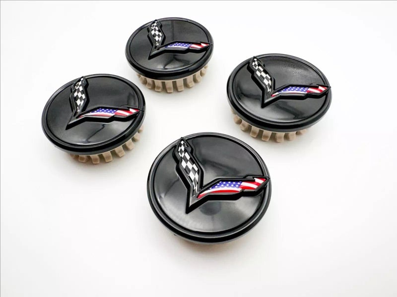 Set of 4Pcs Wheel Center Cap Replacement for 2014+ C7 Corvette Stingray Center Caps w/Crossed Flag Logo 68mm 2.7" 23217059 (Black Blue) - Image 3