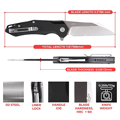 Firebird GANZO FH31 Pocket Folding Knife Wharncliffe D2 Steel Blade G10 Anti-Slip Handle with Clip Camping Hunting Fishing Folder Outdoor EDC Knife (Black) - Image 2