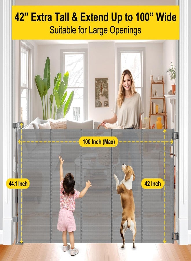 Bingguz Reinforced 42” Tall x 100” Wide Retractable Baby Gates Extra Tall Dog Gate with Rods to Prevent Crawling Through, Pet Gate for Large Openings Extra Wide Mesh Baby Gate for Stairs, Gray - Image 4
