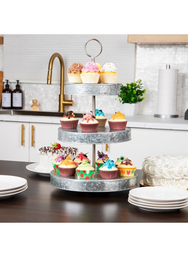 Mind Reader Galvanized Steel Round Cupcake Tower, Dessert Stand with Handle, Rustic Design Appetizer Serving Tray Tower, Tiered Cupcake Stand, Silver - Image 2