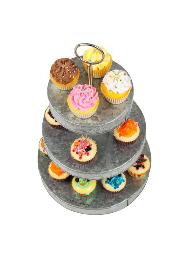 Mind Reader Galvanized Steel Round Cupcake Tower, Dessert Stand with Handle, Rustic Design Appetizer Serving Tray Tower, Tiered Cupcake Stand, Silver - Image 5
