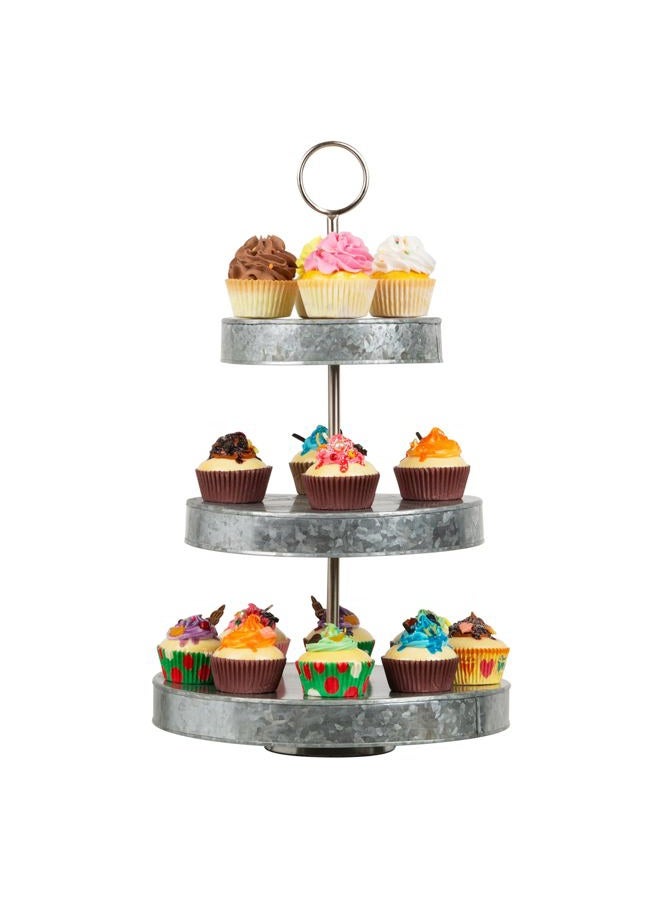 Mind Reader Galvanized Steel Round Cupcake Tower, Dessert Stand with Handle, Rustic Design Appetizer Serving Tray Tower, Tiered Cupcake Stand, Silver - Image 1