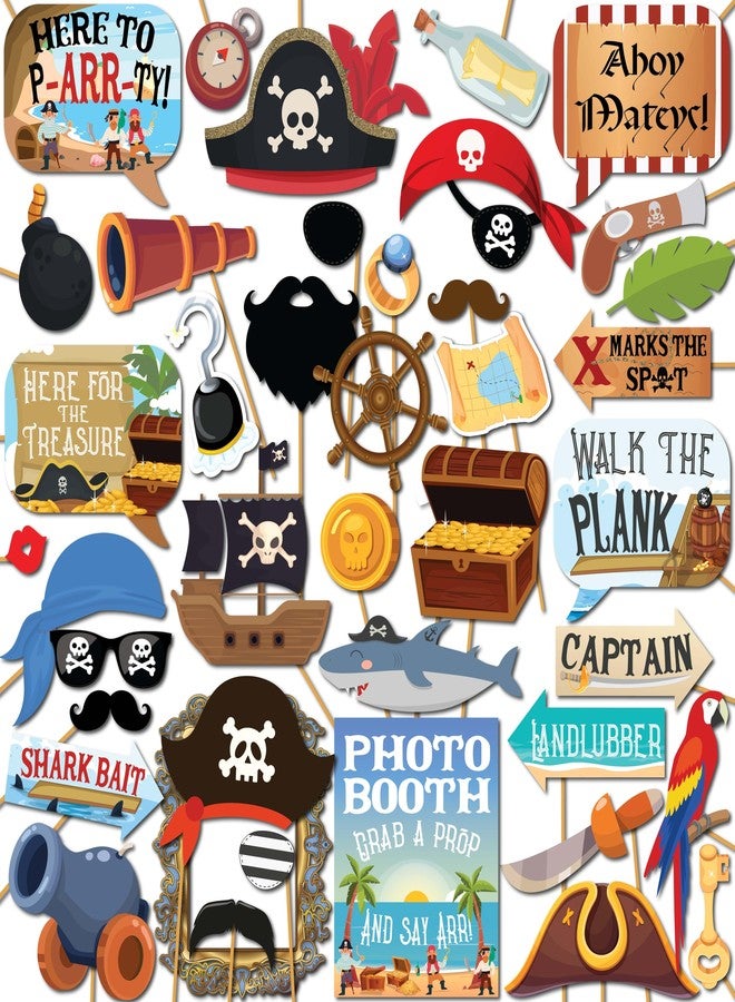 Outside The Booth Pirate Photo Booth Props - 41-pc Photobooth Kit with 8 x 10-Inch Sign, 60 Adhesive Pads, 45 Sticks - Pirate Props - Nautical Photo Booth Props - Pirate Ship Props - Image 1