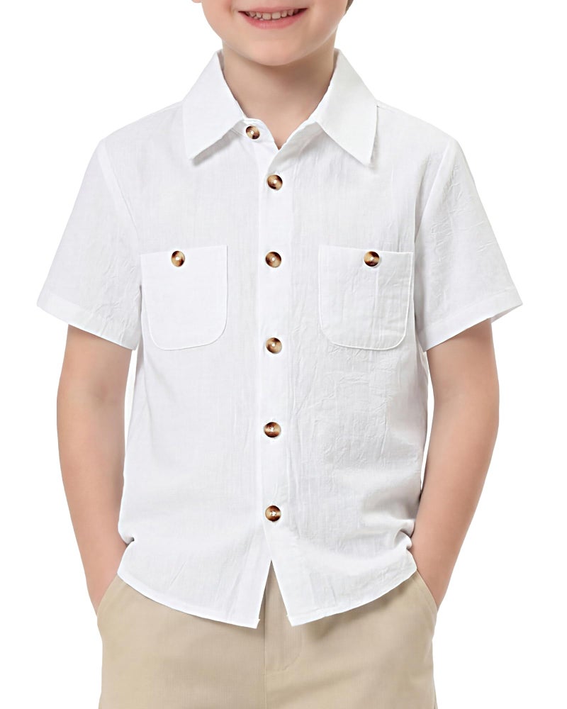 Jecson Boys Dress Shirts Short Sleeve Button Down Cotton Boys Collared Shirt with Pockets White - Image 1
