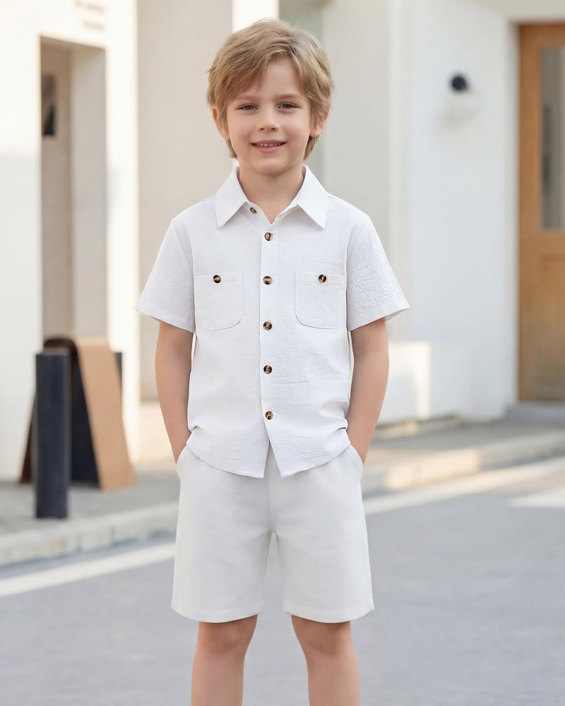 Jecson Boys Dress Shirts Short Sleeve Button Down Cotton Boys Collared Shirt with Pockets White - Image 2