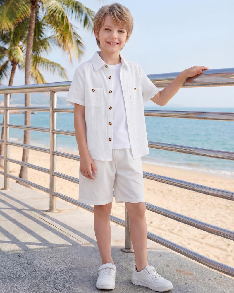 Jecson Boys Dress Shirts Short Sleeve Button Down Cotton Boys Collared Shirt with Pockets White - Image 3