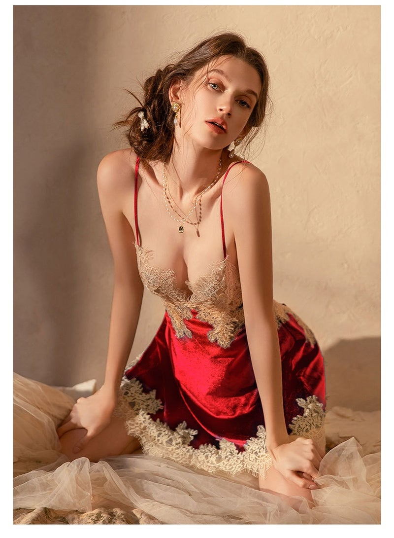 New Arrival Glossy Velvet Lace Nightie - Sexy Backless Slip Dress with Matching Thong, Romantic Lingerie Sleepwear for Women - Image 2