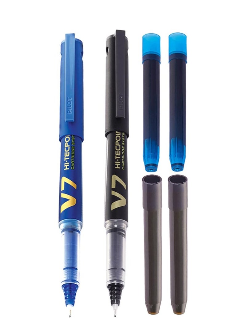 بايلوت قلم Pilot V7 Hi-tecpoint مع نظام خرطوشة - 1 قلم أزرق، 1 قلم أسود، 2 خراطيش زرقاء، 2 خراطيش سوداء - Image 1