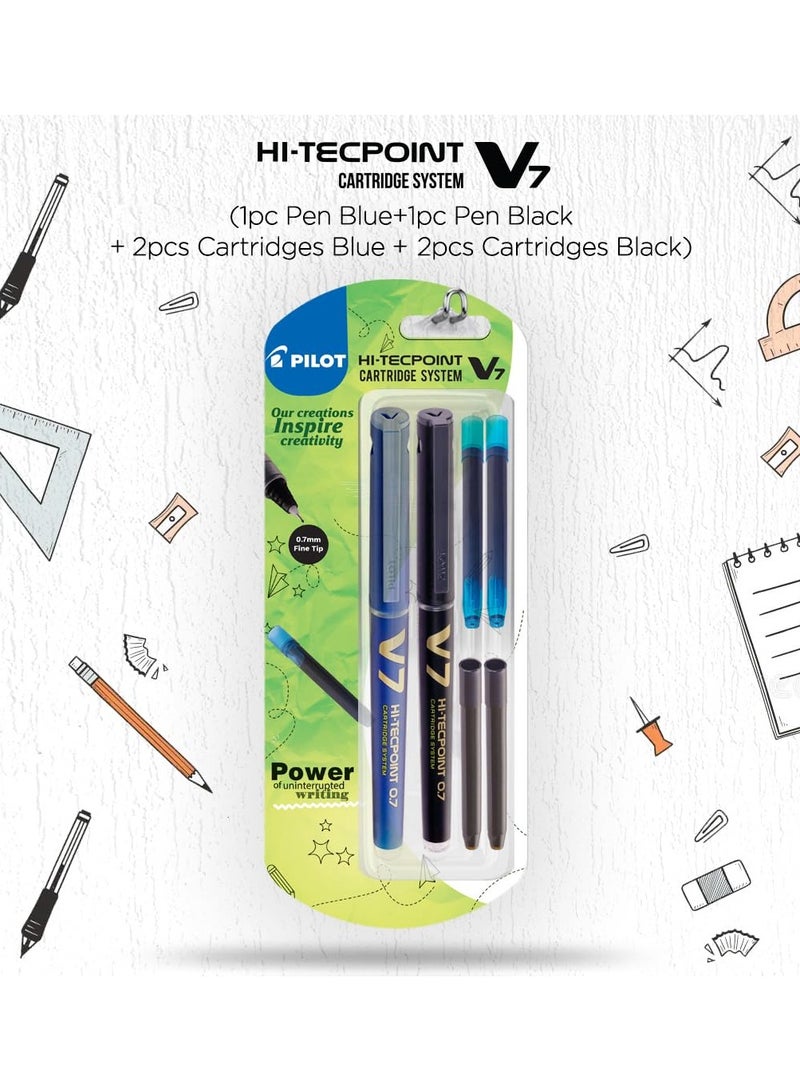 بايلوت قلم Pilot V7 Hi-tecpoint مع نظام خرطوشة - 1 قلم أزرق، 1 قلم أسود، 2 خراطيش زرقاء، 2 خراطيش سوداء - Image 3
