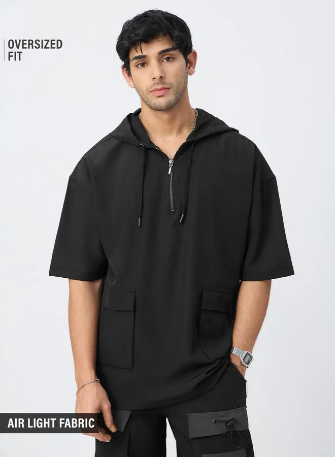 The Souled Store Men Black Oversized Short Sleeve Hooded T-Shirt