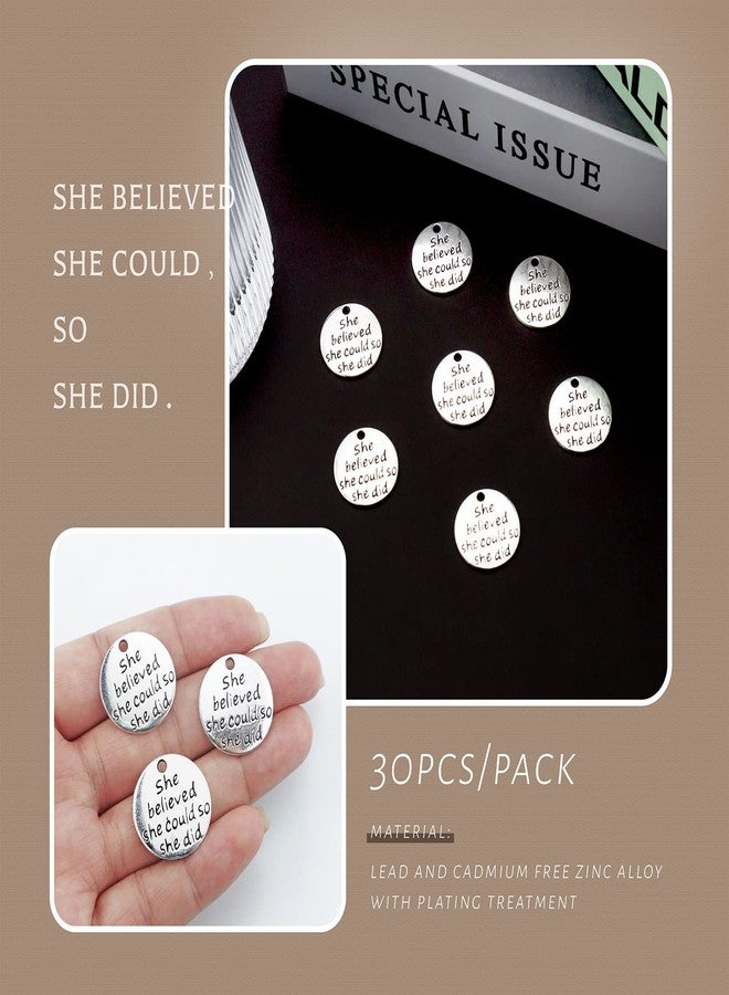 JIALEEY 30pcs Alloy She believed she could so she did DIY Message Charms Pendant for Crafting Bracelet Necklace Jewelry Making Accessory, Antique Silver Round - Image 3