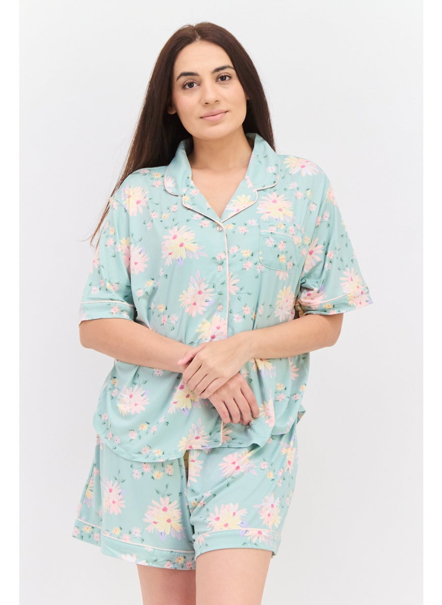 Flora By Flora Nikrooz - Women 2pc Floral Print Pyjamas Set, Sage Green - Image 1