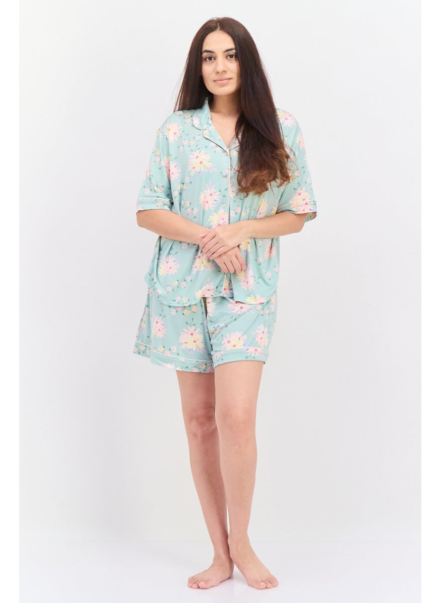 Flora By Flora Nikrooz - Women 2pc Floral Print Pyjamas Set, Sage Green - Image 1