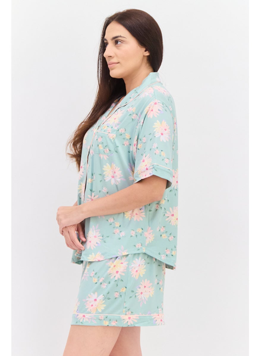 Flora By Flora Nikrooz - Women 2pc Floral Print Pyjamas Set, Sage Green - Image 1