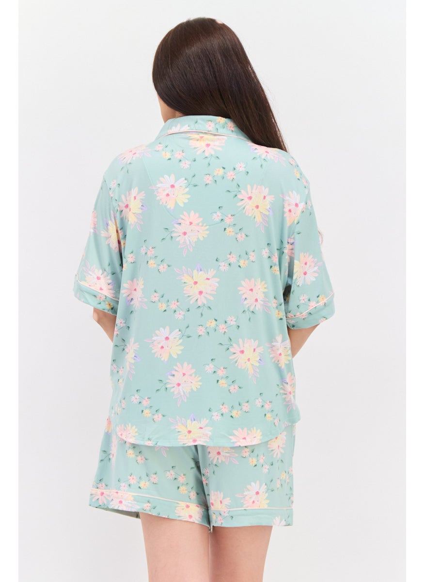 Flora By Flora Nikrooz - Women 2pc Floral Print Pyjamas Set, Sage Green - Image 1