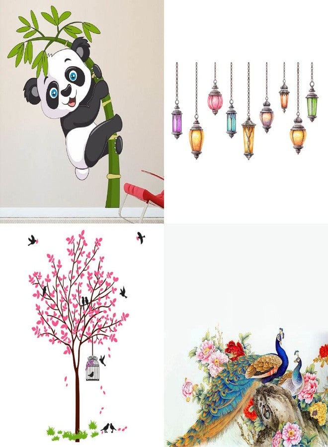 Merical PVC Vinyl Self-Adhesive Wall Stickers Combo Set of 4 for Home Decor | Baby Panda, Hanging Lamp, Pink Tree with Bird & Nest, Royal Peacock | for Living Room, Bedroom & Kids Room - Image 1