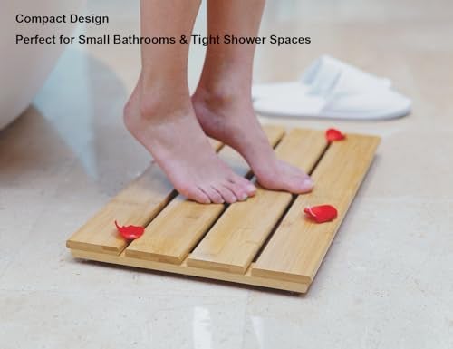 PELYN Bamboo Shower Bath Mat for Bathroom, Non-Slip Bamboo Wood Bathroom Mats for Inside or Outside (19.7 x 12.2 inches) - Image 2
