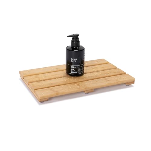 PELYN Bamboo Shower Bath Mat for Bathroom, Non-Slip Bamboo Wood Bathroom Mats for Inside or Outside (19.7 x 12.2 inches) - Image 1