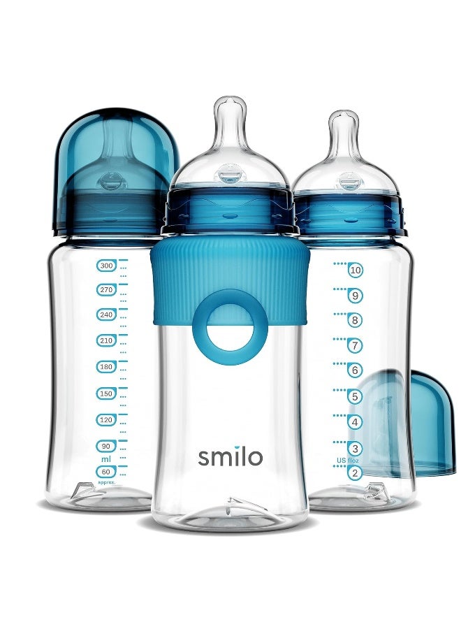 Smilo مجموعة زجاجات سميلو للأطفال مع حلمة مضادة للمغص بتدفق بطيء من المرحلة 0، سعة 10 أونصات / 300 مل، عبوة 3 زجاجات مضادة للمغص للأطفال من 0-3 أشهر - أزرق مائي - Image 1