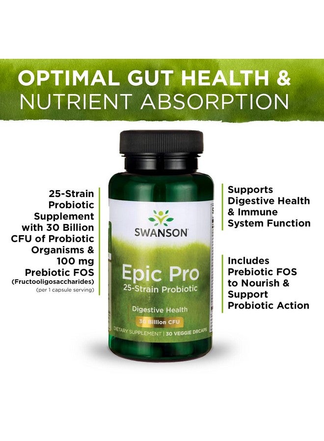 Swanson Epic-Pro 25-Strain Probiotic 30 Billion CFU Digestive Health Immune System Support Prebiotic Nutraflora FOS 30 DRcaps Veggie Capsules (Caps) (4 Pack) - Image 2