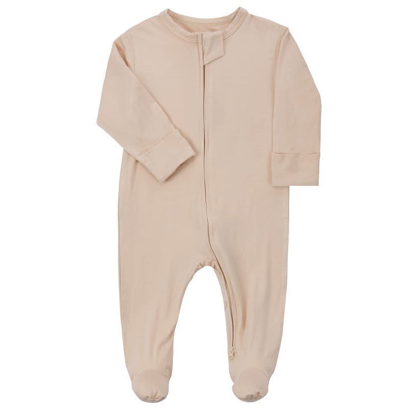 Aablexema Baby Footie Pajamas Zipper - Rayon from Bamboo Infant Footed Pjs with Mittens Sleepwear Jammies(Beige,0-3m) - Image 1
