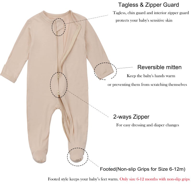 Aablexema Baby Footie Pajamas Zipper - Rayon from Bamboo Infant Footed Pjs with Mittens Sleepwear Jammies(Beige,0-3m) - Image 3