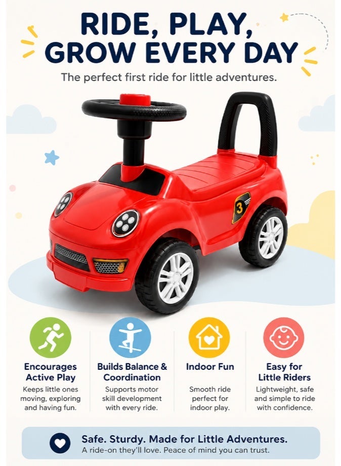 DAT Kids Foot-to-Floor Ride-On Sliding Car with Steering Wheel, BPA-Free PP Plastic, Anti-Rollover Stable Base for Toddlers Ages 1-3 – Red - Image 2