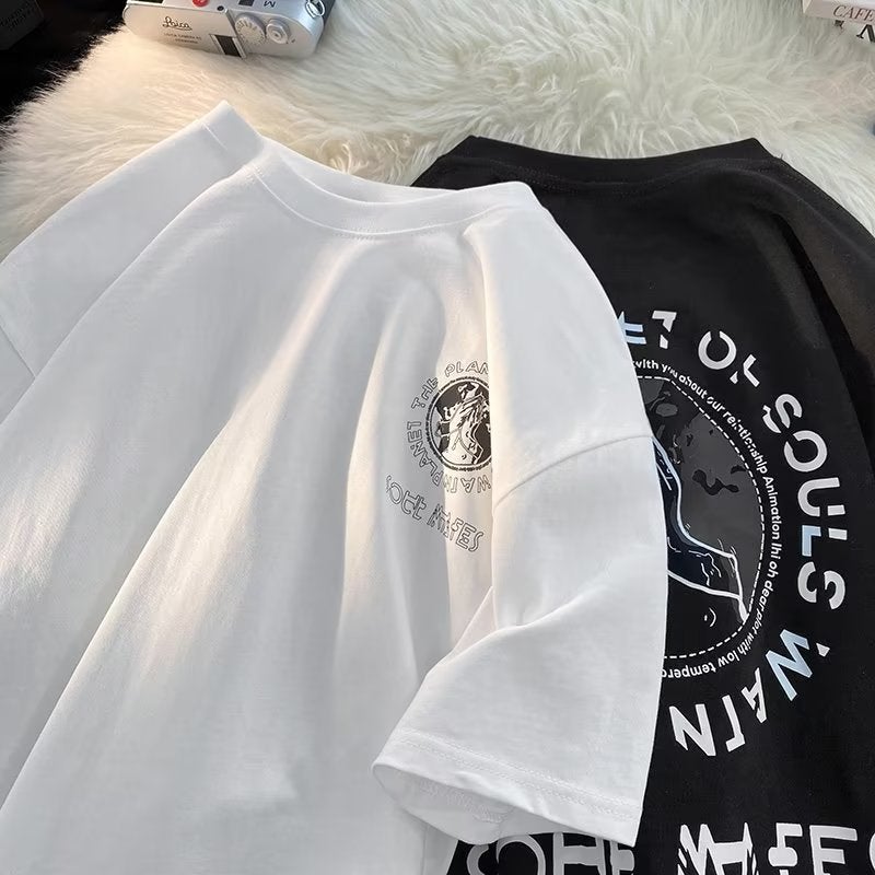 Summer New Trendy Printed Heavy T-shirt Fashionable Brand Youth Popular Loose Half Sleeve Trendy Men's ins Round Neck - Image 4
