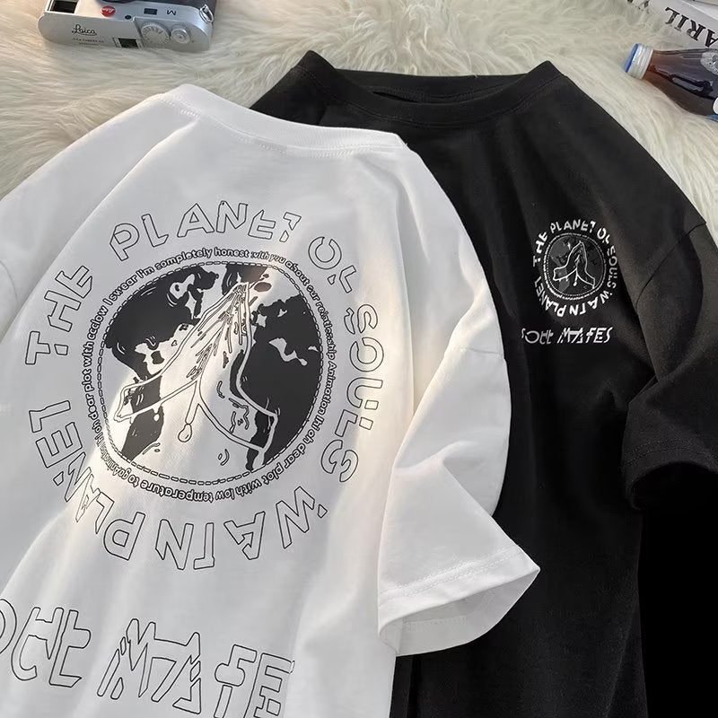 Summer New Trendy Printed Heavy T-shirt Fashionable Brand Youth Popular Loose Half Sleeve Trendy Men's ins Round Neck - Image 2