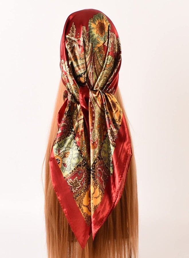 EIysee 35 x 35 Women's Fashion Pattern Large Square Silk Like Hair Scarf Head Sleeping Wrap Satin Neck Bandana for Gift, Big Cashew Red, 35 x 35 in - Image 2