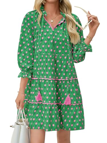 Wenrine Womens Casual Mini Dress Long Sleeve Floral Ruffle V Neck Fall Loose Boho Babydoll Dresses with Pockets Olive Drab - Image 2