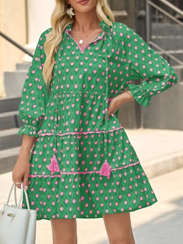 Wenrine Womens Casual Mini Dress Long Sleeve Floral Ruffle V Neck Fall Loose Boho Babydoll Dresses with Pockets Olive Drab - Image 5