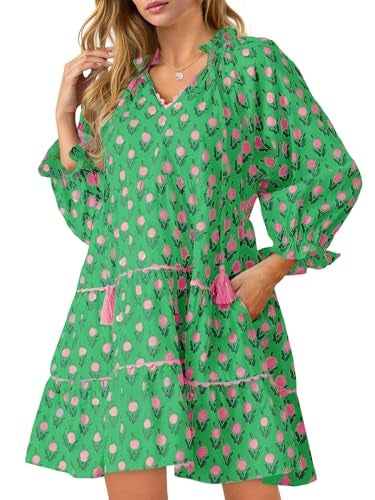 Wenrine Womens Casual Mini Dress Long Sleeve Floral Ruffle V Neck Fall Loose Boho Babydoll Dresses with Pockets Olive Drab - Image 1