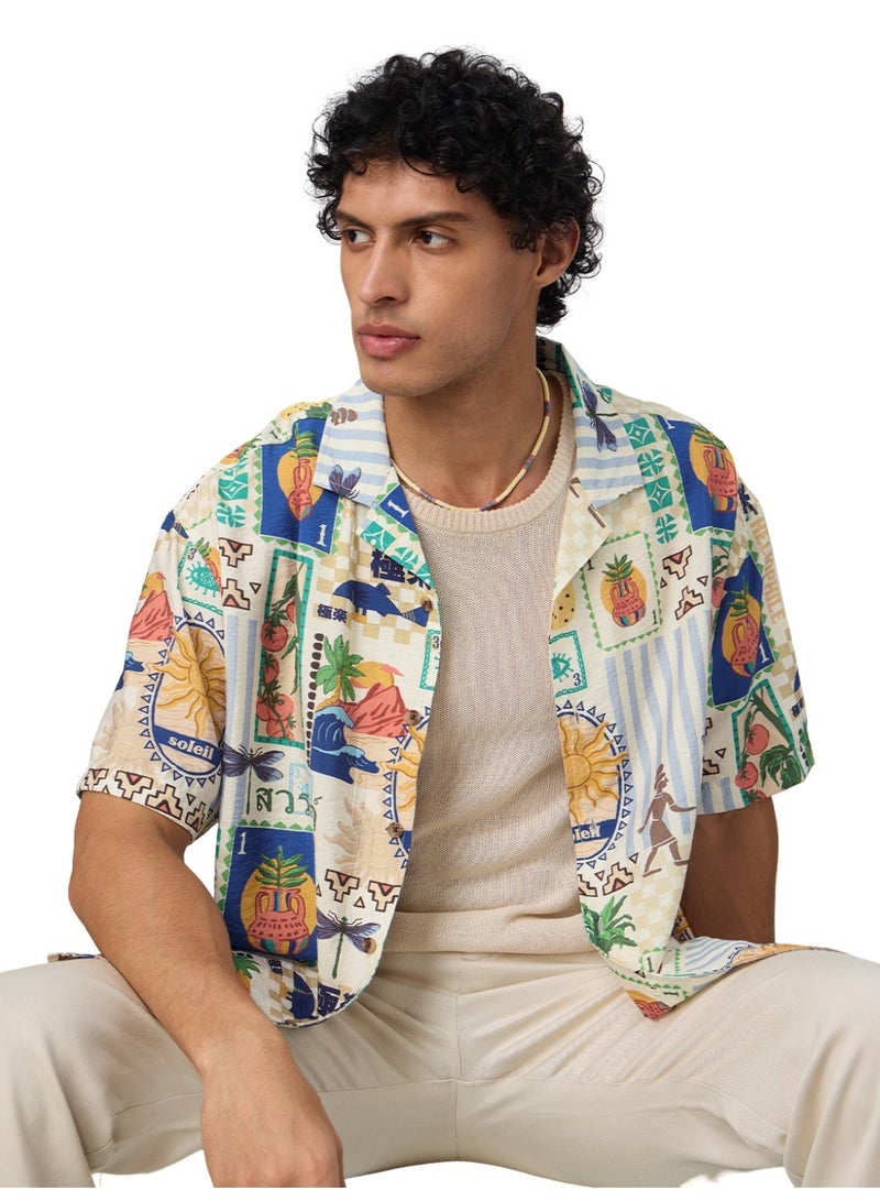 The Souled Store Tropical Print: Vacation Mode Men and Boys Short Sleeves Cuban Collar Printed Viscose Regular Fit Casual Shirt - Image 3