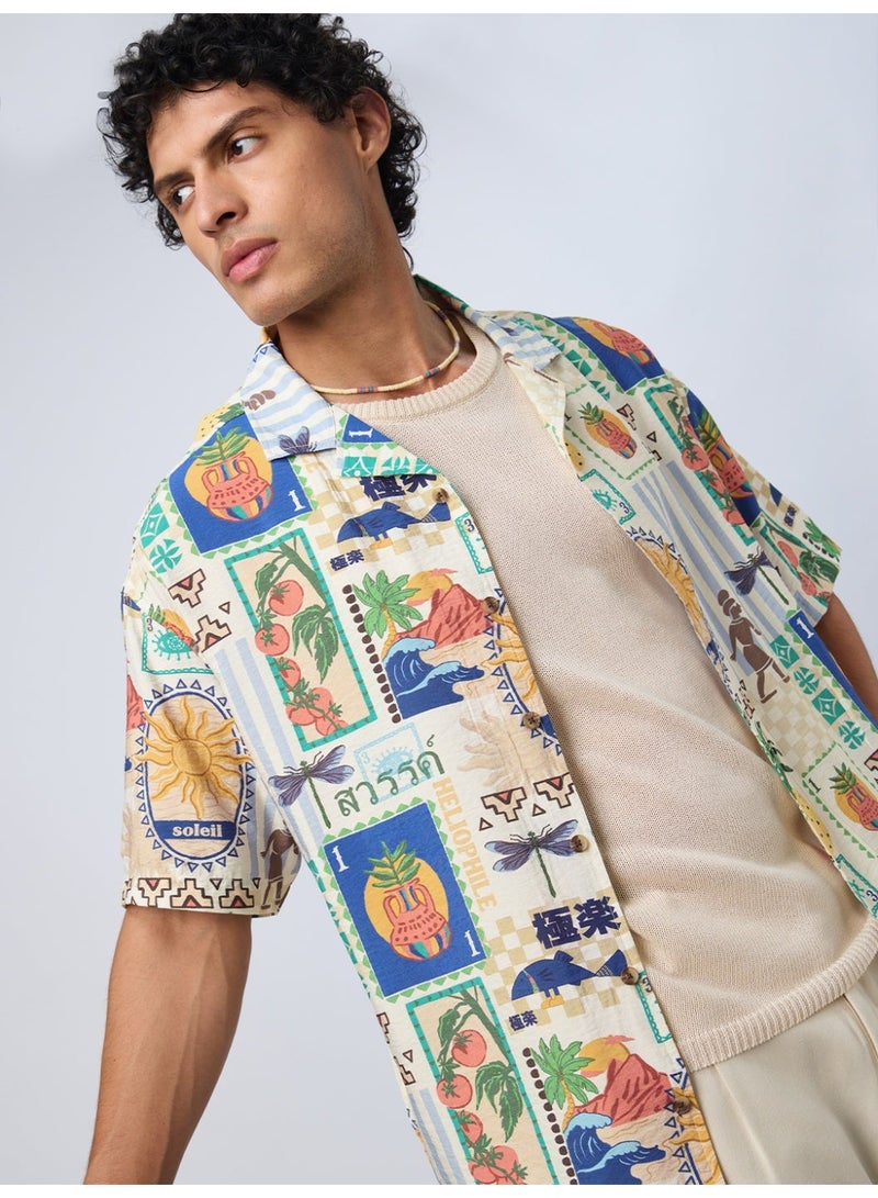 The Souled Store Tropical Print: Vacation Mode Men and Boys Short Sleeves Cuban Collar Printed Viscose Regular Fit Casual Shirt - Image 1