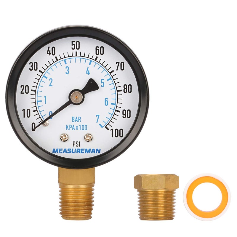 Measureman 2" Well Pump Pressure Gauge, 0-100psi/bar, 1/4" NPT Male with 1/2" NPT Adaptor, 3-2-3% Accuracy - Image 3
