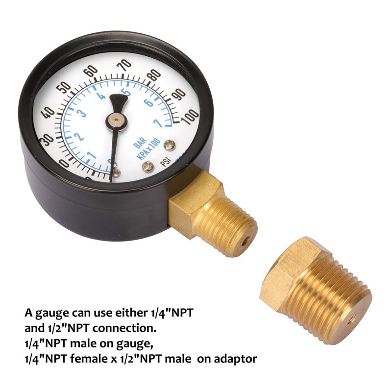 Measureman 2" Well Pump Pressure Gauge, 0-100psi/bar, 1/4" NPT Male with 1/2" NPT Adaptor, 3-2-3% Accuracy - Image 4