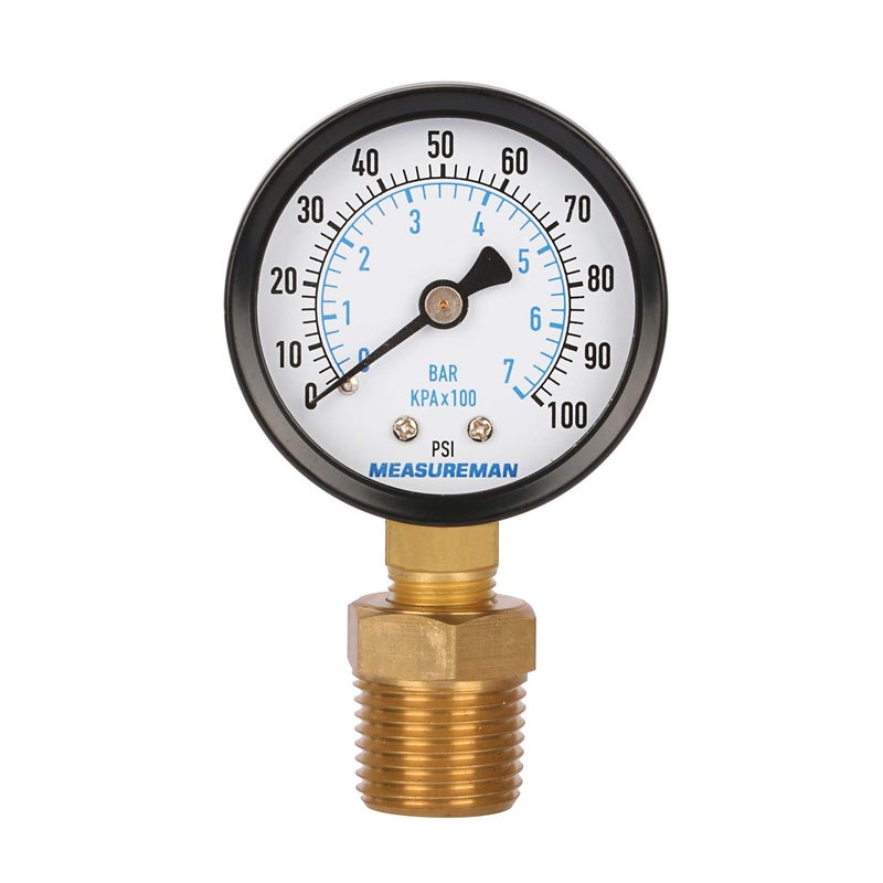 Measureman 2" Well Pump Pressure Gauge, 0-100psi/bar, 1/4" NPT Male with 1/2" NPT Adaptor, 3-2-3% Accuracy - Image 1