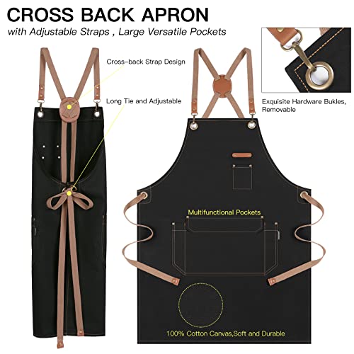 Genixart Chef Apron for Men Women with Gift Box Pack, Cross Back Apron with Pockets for Kitchen Cooking Baking Artist Painting, Cotton Canvas Work Aprons for Shop, Garden, Restaurant, Cafe (Black) - Image 3