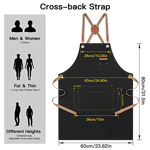Genixart Chef Apron for Men Women with Gift Box Pack, Cross Back Apron with Pockets for Kitchen Cooking Baking Artist Painting, Cotton Canvas Work Aprons for Shop, Garden, Restaurant, Cafe (Black) - Image 4