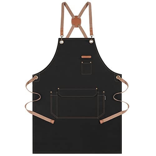 Genixart Chef Apron for Men Women with Gift Box Pack, Cross Back Apron with Pockets for Kitchen Cooking Baking Artist Painting, Cotton Canvas Work Aprons for Shop, Garden, Restaurant, Cafe (Black) - Image 1