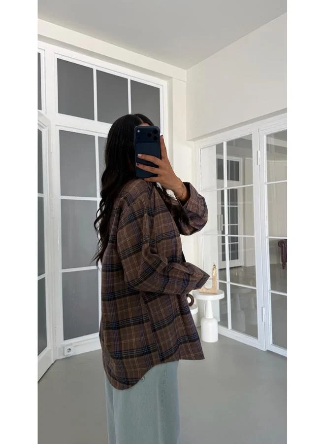 Gaus  Coffee Checkered Pattern Oversized Shirt GAUS-01948. for Women | Best Price UAE