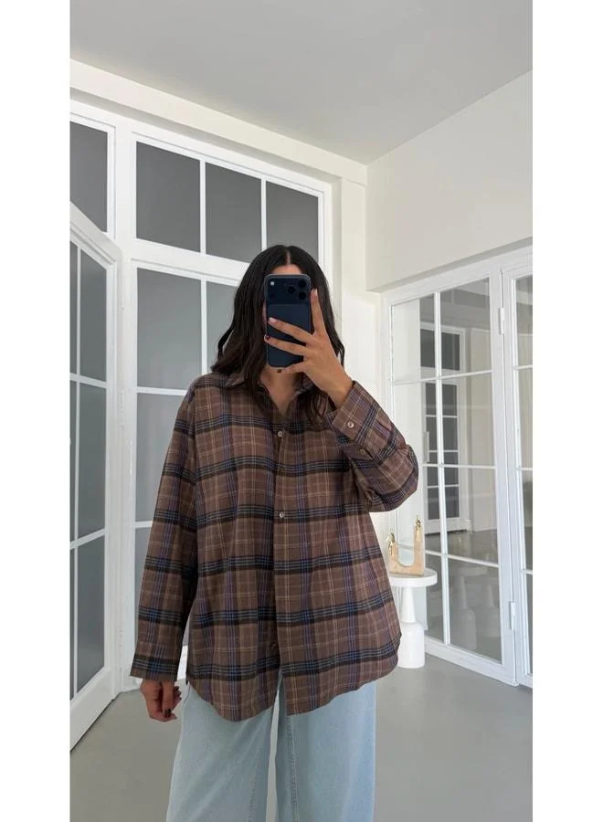Coffee Checkered Pattern Oversized Shirt GAUS-01948.