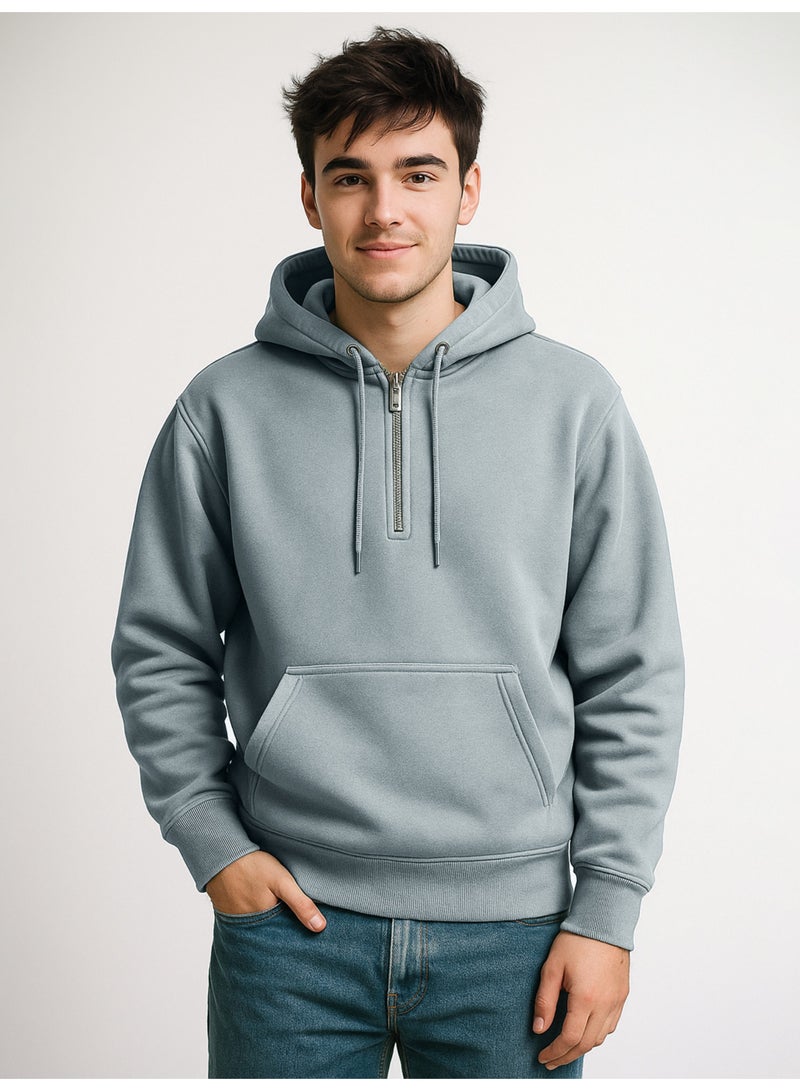 Maniac Mens Plain Hooded Neck Full Sleeve Light Grey Cotton Fleece Sweatshirt - Image 1