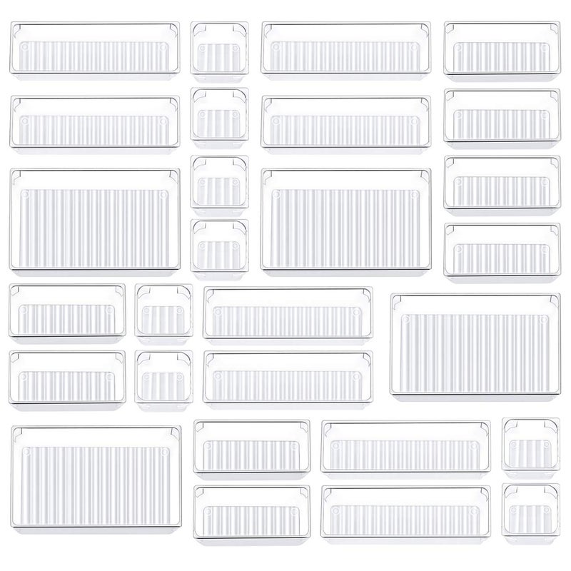 Kootek 28 Pcs Drawer Organizer Set 4Size Bathroom Vanity Trays Makeup Desk Dividers Versatile Storage Bins Clear Plastic Container for Dresser Bedroom Kitchen Office